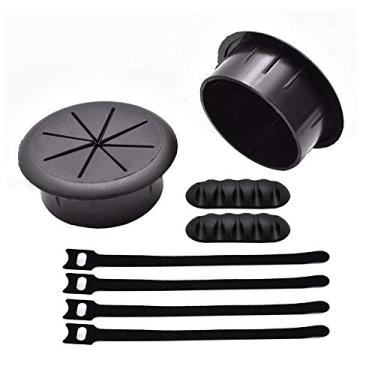Imagem de 50 mm (50 mm) preto flexível capa de orifício de mesa ilhós e kits organizadores de cabos para gerenciamento de fiação e proteção de equipamentos de mesa (2 peças de ilhós de mesa + 2 clipes de 5