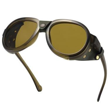 Imagem de MACJERO Óculos de sol retrô aviador Steampunk polarizado com escudo lateral de couro, óculos góticos, vintage para homens e mulheres, Verde