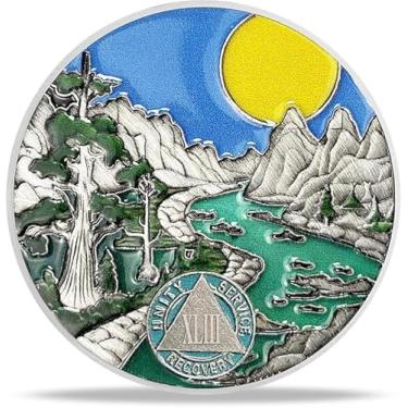 Imagem de Presentes de moeda de sobriedade de 43 anos | Moeda AA Rio e Floresta - Medalhão de Chip AA HA com Oração de Serenidade | Presentes de Narcóticos Alcoólicos Anônimos para Mês de Aniversário e Ano para
