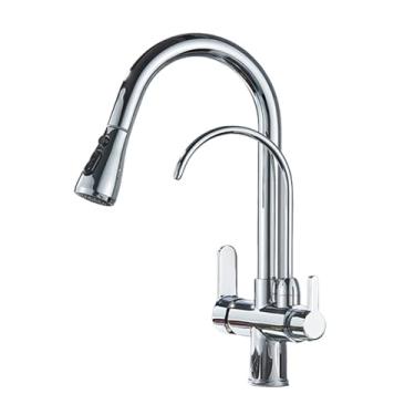 Imagem de Torneira de cozinha cromada purificada, montada no deck, filtro de água pura, pia, rotação de 360 graus, torneira misturadora de água quente e fria, cromada