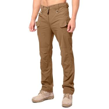 Imagem de Donason Calça cargo masculina, leve, resistente à água, Ripstop, com 10 bolsos, calça de trabalho para viagem e pesca, Amarelo amarelado, GG