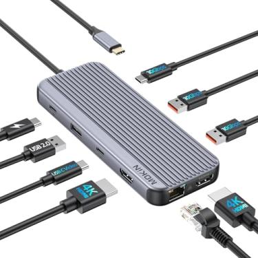 Imagem de iMOKiN Estação de ancoragem USB C, base para laptop 9 em 1, 3 monitores, adaptador multiportas USB C Hub com HDMI duplo, vídeo USB-C, 10 Gbps USB A/C 3.1, 100 W PD, Ethernets Dongle, base USB C para