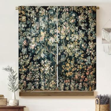 Imagem de Cortinas estilo William Morris, arte exótica retrô com folhas de árvores florais coloridas escuras, tratamentos de janela, padrão sem costura, cortinas blackout para sala de estar, quarto, banheiro,