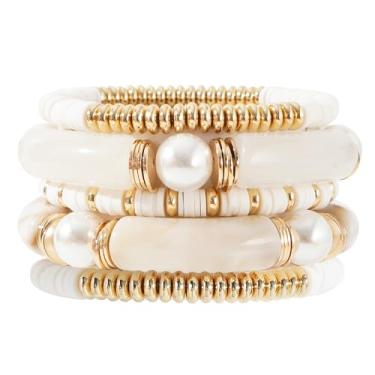 Imagem de GOOJIDS Pulseira simples com contas banhadas a ouro grosso tubo de bambu curvado empilhável contas coloridas de acrílico transparente conjunto de pulseiras banhadas a ouro para mulheres, 6.6 inches