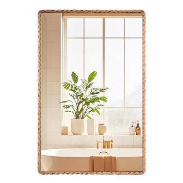 Imagem de CAVINHOME Espelho de banheiro retangular com canto arredondado - acabamento de cobre antigo moldura de metal martelado espelhos de parede grandes decorativos, espelhos ornamentados para parede