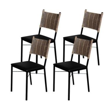 Imagem de Kit 4 Cadeiras Para Cozinha Preta Ratan Cappuccino Assento Estofado - 