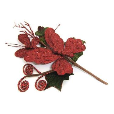 Imagem de Flor Decoração Borboleta Natal Vermalho 52cm Com Glitter - Fitas e Fes
