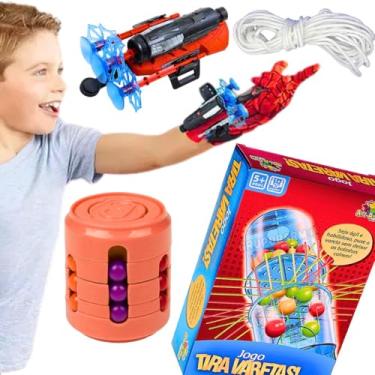 Imagem de Kit 3 Brinquedos Educativos Luva aranha spider lança teia com linha lançador de dardos Pega Tira Vareta retro jogos infantis + cilindro cubo mágico antistress presente menino dia das crianças 5 anos
