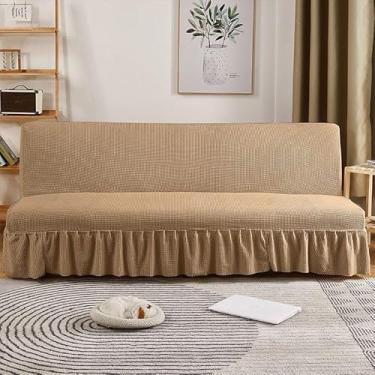 Imagem de Capa de futon sem braços com saia de babados, sofá-cama futon altamente elástica(Brown,Large (190-210cm))