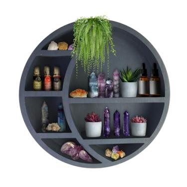 Imagem de Prateleira de parede de lua crescente de madeira – Prateleira decorativa Boho para exibição de casa para quarto, dormitório, berçário – Armazenamento fácil de montar para cristais e óleos essenciais –