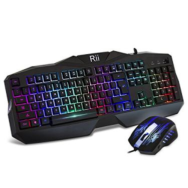 Imagem de Rii Combinação de teclado e mouse para jogos, teclado de computador com fio USB retroiluminado com LED arco-íris com 104 teclas, design resistente a derramamentos, conjunto de mouse ergonômico para descanso de pulso para Windows PC Gamer. Preto