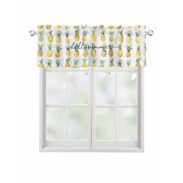 Imagem de Cortina Hello Summer para janelas Kithchen, cortina amarela com camada de abacaxi tratamento de janela tropical aquarela fruta canoa sanefas para quarto/sala de estar/banheiro, 137 x 45 cm