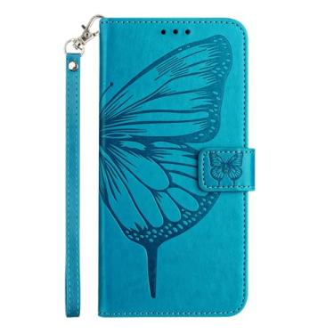 Imagem de Capa flip de couro sintético para Motorola Moto G04S (2024), borboleta em relevo e design floral com slot para cartão e alça de pulso destacável, capa protetora para celular (azul)