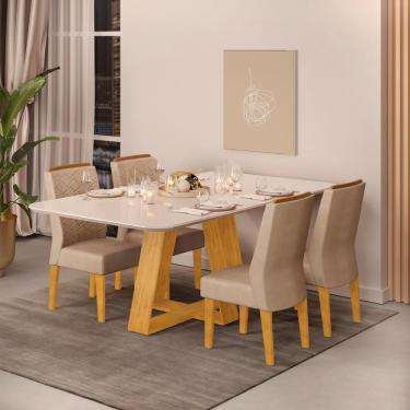 Imagem de Conjunto Sala de Jantar 4 Cadeiras Tampo Curvo dj Móveis Kiara Cedro Lidia Veludo Kraft