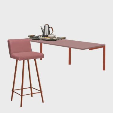 Imagem de Kit Mesa Suspensa de Parede Fixa mdf Rosa + 1 Banqueta Lexi Ferro Bronze Suede Rose - Ahazzo Móveis