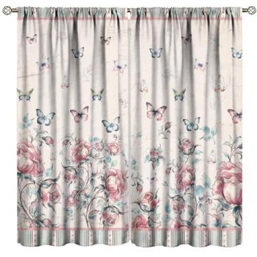 Imagem de Cortinas de borboleta rosa rústica, arte vintage rosa azul verde aquarela planta floral padrão geométrico étnico tratamentos de janela, cortinas blackout com bolso para varão para sala de estar