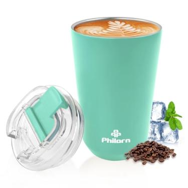 Imagem de PHILORN Caneca de café copo de 340 g, caneca de café verde de viagem com tampa, garrafa térmica de café para bebidas quentes e frias, copo de café de viagem de aço inoxidável isolado com parede dupla