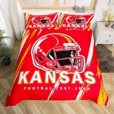 Imagem de Erosebridal Jogo de cama solteiro de futebol americano Kansas, capa de edredom para crianças, adultos, esportes, cidade, vermelho, amarelo, cor do time, 2 peças (sem edredom)