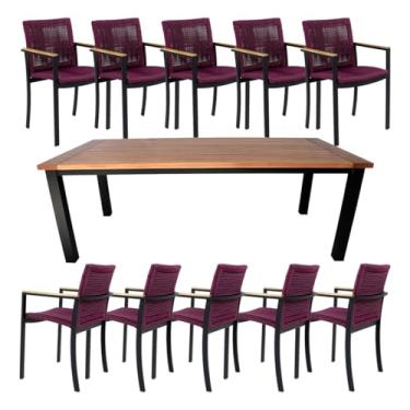 Imagem de Conjunto Mesa de Jantar 10 Lugares Turmalina Madeira 300x100cm 10 Cadeiras Amélia Corda Náutica Alumínio (Vinho)