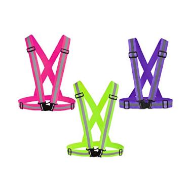 Imagem de Colete refletivo de corrida Awnuuw pacote com 3, coletes de segurança ajustáveis altamente visíveis tiras refletivas para corrida noturna, ciclismo ao ar livre, motocicleta, passeio com cães (rosa, verde, roxo)