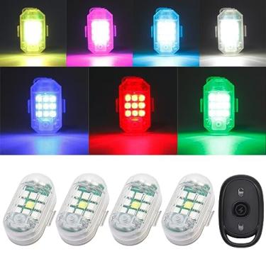Imagem de 4 luzes LED anticolisão com controle remoto, 7 cores recarregáveis por USB, luzes estroboscópicas, sem fio, para carros, drones, aeronaves, motocicletas, bicicletas, luzes de sinal de aviso de