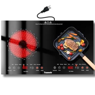 Imagem de Traenvir Cooktop Elétrico De 2 Bocas, Bancada De 24 Polegadas E Fogão Elétrico Embutido De 2000 W, Cooktop De Cerâmica Portátil Com Duas Bocas, Trava De Segurança Para Crianças, Temporizador, 8 Nív