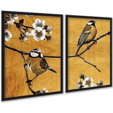 Imagem de Kit 2 Quadros Pássaros Dourados Flores Cerejeira 33X24Cm - Quadros On-