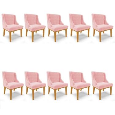 Imagem de Kit 10 Cadeiras Estofadas Para Sala De Jantar Base Fixa De Madeira Castanho Lia Suede Rosa Bebê - Ibiza