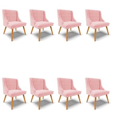 Imagem de Kit 8 Cadeiras Estofadas Para Sala De Jantar Pés Palito Lia Suede Rosa Bebê - Ibiza