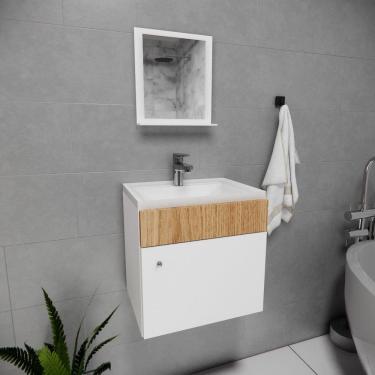 Imagem de Conjunto de Gabinete Suspenso com Espelheira e Cuba Mármore Marrom/Branco