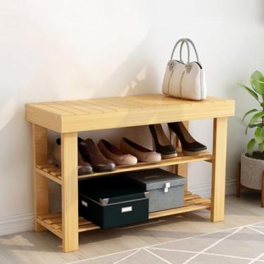 Imagem de Sapateira de bambu, banco de troca de sapatos de 3 camadas para corredor de entrada, organizador de sapatos, prateleira de armazenamento para banheiro, sala de estar, banco de armário de sapatos (70