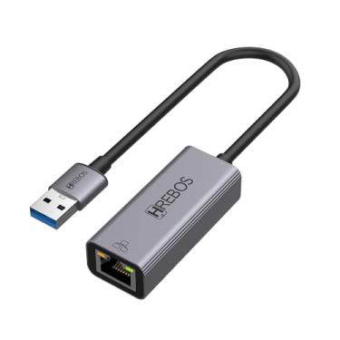 Imagem de Hrebos Adaptador Ethernet USB 3.0 para Gigabit, RJ45, 1000 Mbps, Compatível com Windows e MacOS, Cinza