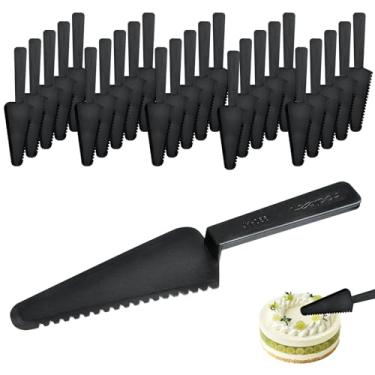 Imagem de Aemygo 50 peças de cortador de bolo de plástico descartável, espátula de plástico preto para cortar bolo de plástico, utensílios de servir descartáveis para fatiar torta de pizza para cozinha e