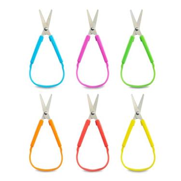 Imagem de Tesoura de laço mini para crianças e adolescentes e 14 cm (pacote com 6) design colorido e adaptável, suporte direito e canhoto, alças pequenas, fáceis de abrir, para necessidades especiais
