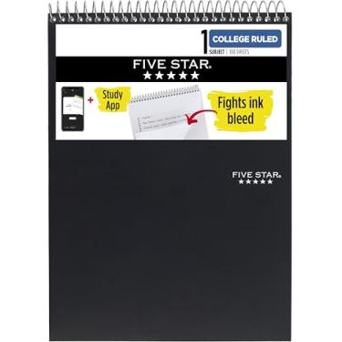 Imagem de Five Star Caderno espiral superior + aplicativo de estudo, 1 matéria, bloco de notas pautado universitário, 21 cm x 28 cm, 100 folhas, combate sangramento de tinta, capa resistente à água, preto