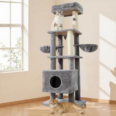 Imagem de Gardner Pet Torre de árvore de gato resistente de 165 cm para gatos grandes, móveis de vários níveis para gatos com haste de sisal substituível, rede | Plataforma extragrande e condomínio (cinza)