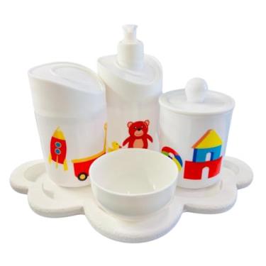 Imagem de Kit Higiene Baby Brinquedos Menino e Menina c/bandeja em MDF (Nuvem branca/branca)