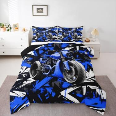 Imagem de Feelyou Conjunto de edredom infantil, azul, para esportes radicais, para decoração de quarto de meninos, meninas, adolescentes, corrida, motocross, motociclista, geométrico, macio, 2 peças