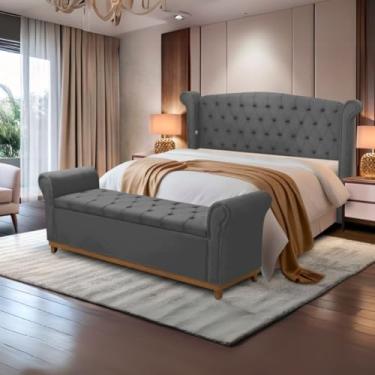 Imagem de Kit Cabeceira e Baú Grécia, Veludo Bege, Estilo Capitonê, 178x140cm, com Revestimento em Veludo e Espuma PRO 30 (Cinza)