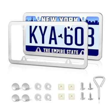 Imagem de RED WOLF Suporte de moldura de placa de carro de aço inoxidável com 4 furos espelho polido prata kit de capa de etiqueta com parafusos cromados porca de inserção de náilon, metal resistente à prova de ferrugem ajuste traseiro carro caminhão van SUV