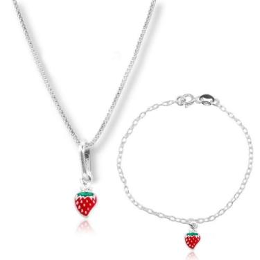 Imagem de Conjunto Infantil Colar Pingente Pulseira Morango Prata Pura - Lojas L