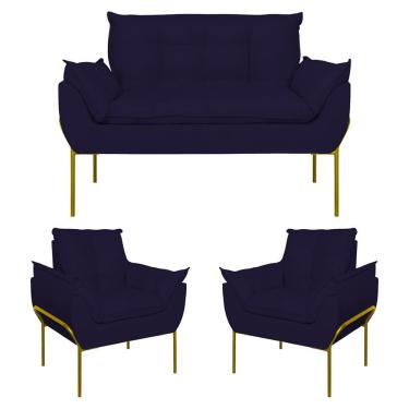 Imagem de Kit 2 Poltronas + Namoradeira Pé Metal Dourado Recepção Sala Azul Marinho