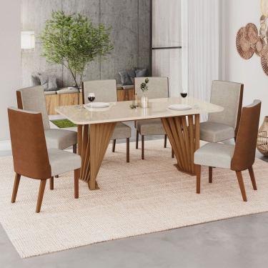 Imagem de Mesa de Jantar 6 Lugares Lívia/Anne Natural/Off White/Courano/Linho- Pnr Móveis