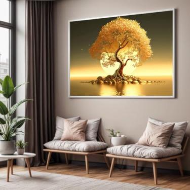 Imagem de Quadro com Moldura Sala Quarto Arvore Dourada Decorativo Horizontal Grande Hall