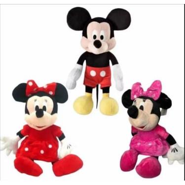 Imagem de Kit 3 Pelúcia Mickey Minnie Laço Rosa Vermelho Tamanho 25 Cm - Disney