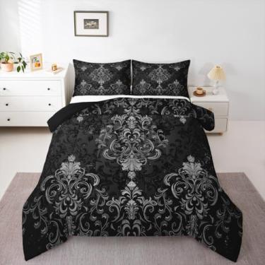 Imagem de Conjunto de cama infantil damasco floral tamanho casal ombré cinza preto edredom para decoração de quarto de meninos meninas conjunto de edredom jacquard vintage respirável macio microfibra exótica