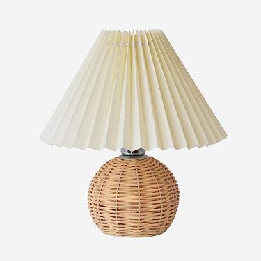 Imagem de KUNJOULAM Luminária De Mesa Plissada Kunjoulam, Cabeceira Moderna Com Abajur Bege E Base Metal Rattan, Para Decoração Quarto, Sala Estar, Escritório Casa, Lâmpada E12