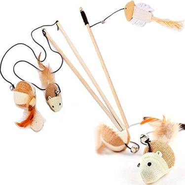 Imagem de Carykon Natural Sisal Wand Teasers and Exerciser para gato gatinho com mouse/abóbora/brinquedo de peixe, sino, pena, corda elástica e haste de madeira resistente, conjunto de 3