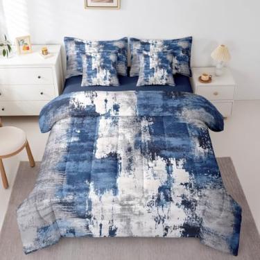 Imagem de Conjunto de edredom com 7 peças, arte ombré, conjunto de cama casal em uma bolsa, conjunto de edredom e lençol abstrato, minimalista, azul e branco, pintura a óleo retrô grunge, arte em aquarela,