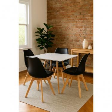 Imagem de Mesa Eiffel Elegante Quadrada Cor Branco 90cm Com 4 Cadeiras Leda Saarinen Wood Cor Preto